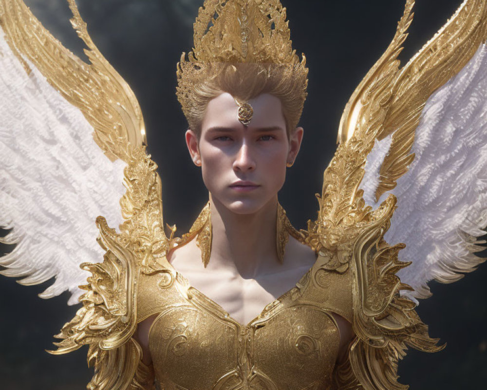 Regal figure in golden armor with wings and crown on dark background