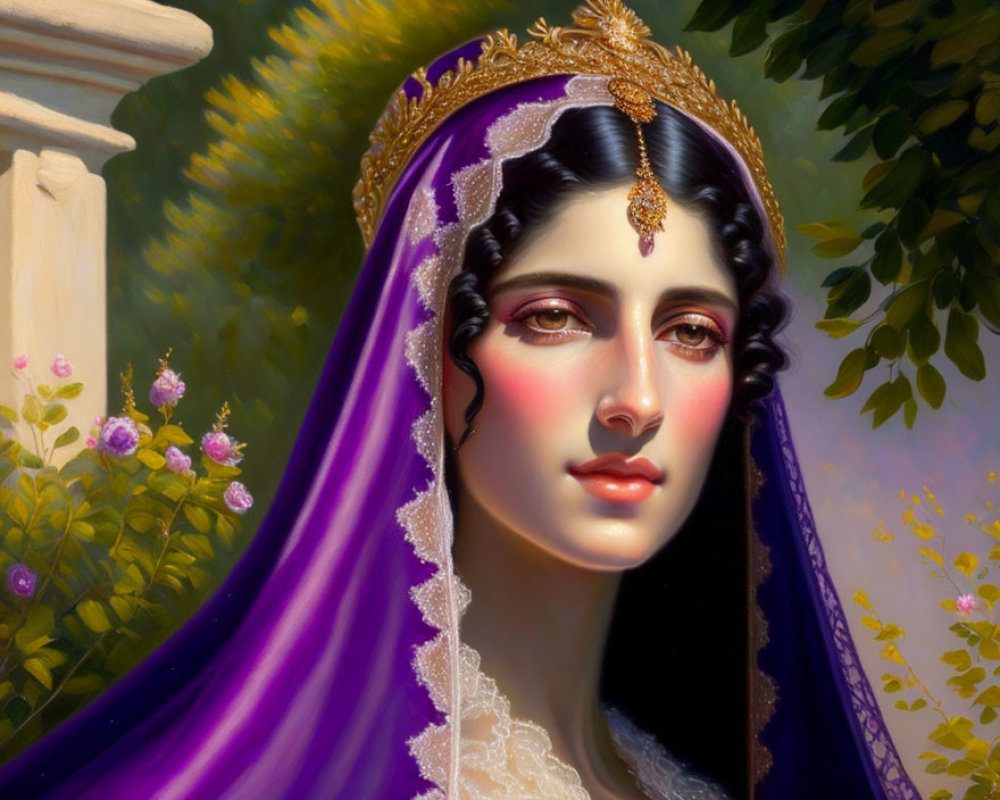 Portrait of woman with decorative headpiece and purple veil on floral background