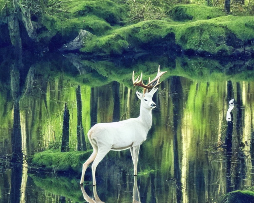 White deer by tranquil forest pond with moss-covered banks