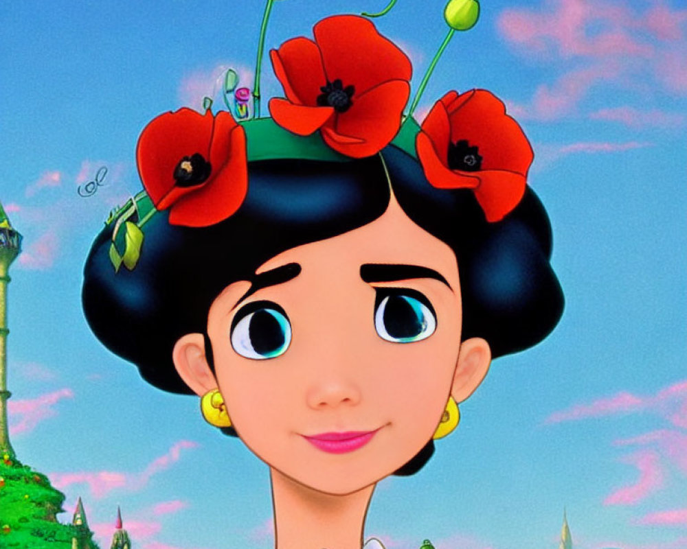 Cartoon girl with big eyes in black bob hairstyle and floral headband