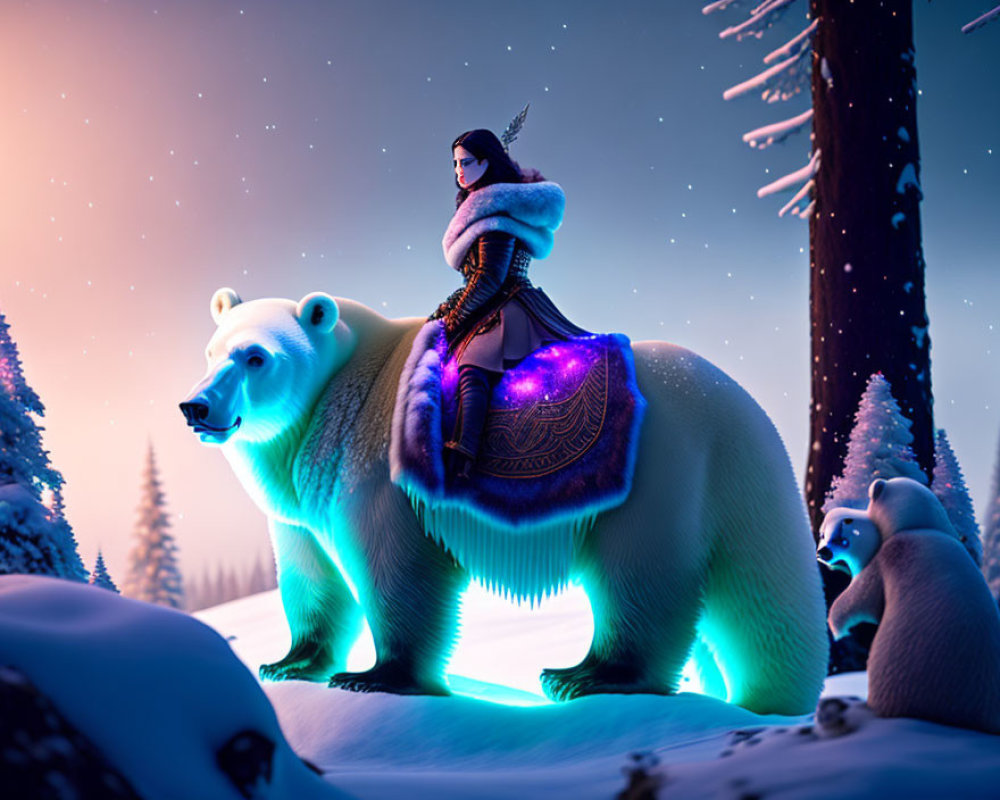 Warrior woman on polar bear with cubs in snowy forest at twilight