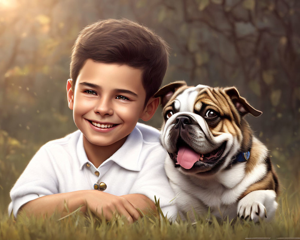 Smiling boy and bulldog resting on grass under warm light