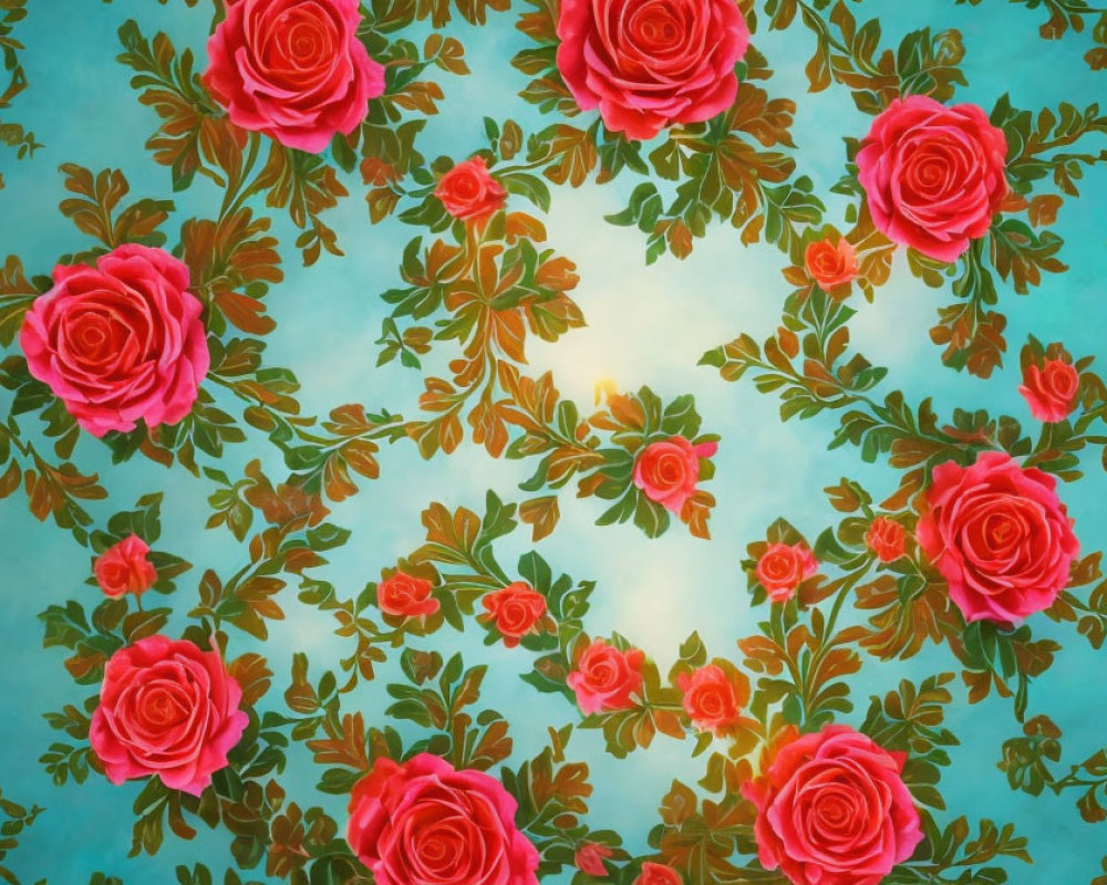 Large pink roses and green foliage on teal background floral pattern