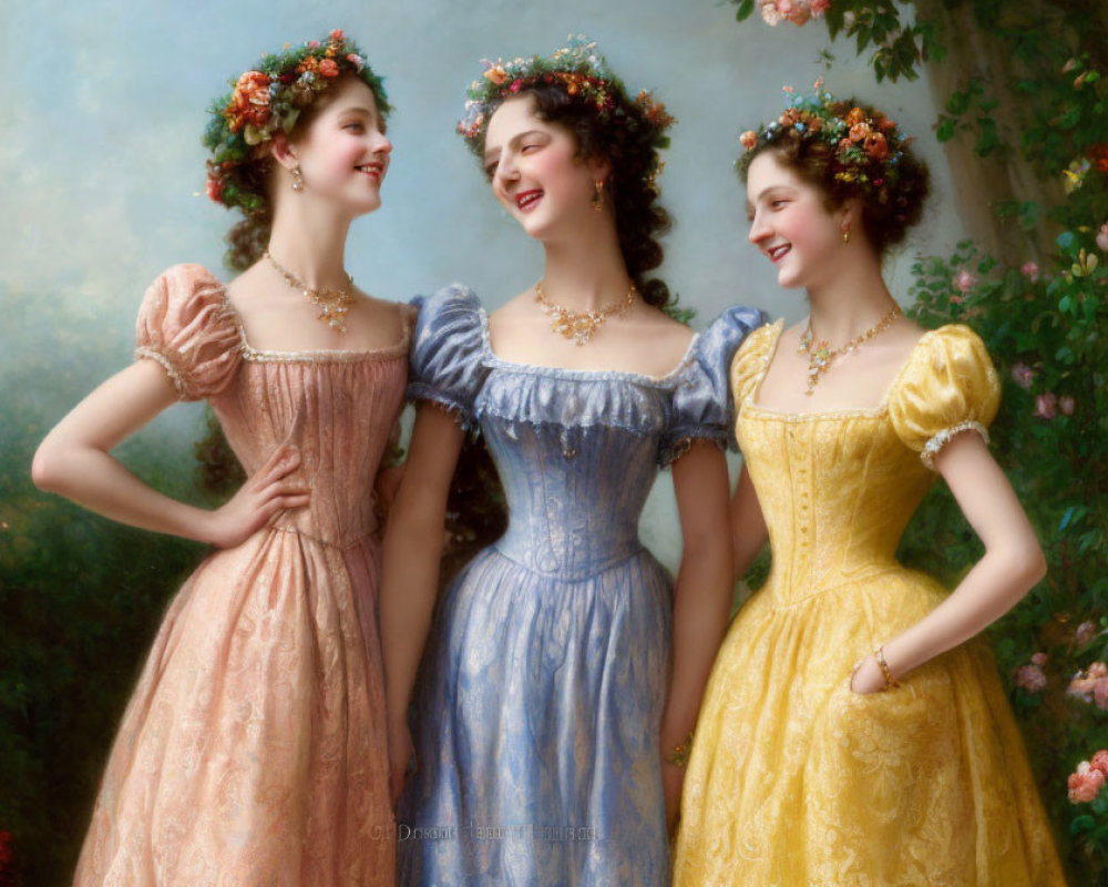 Vintage dresses: Three women in floral crowns and elegant necklaces smiling together