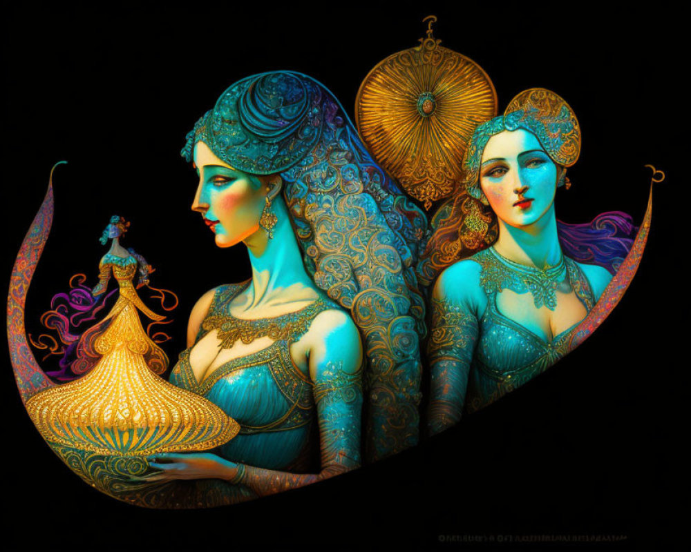 Vibrant artwork of regal women in intricate attire on dark background