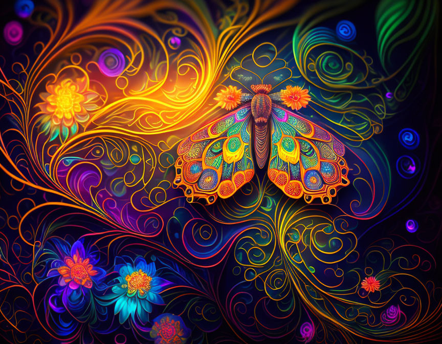 Colorful moth surrounded by neon lines and flowers on dark background