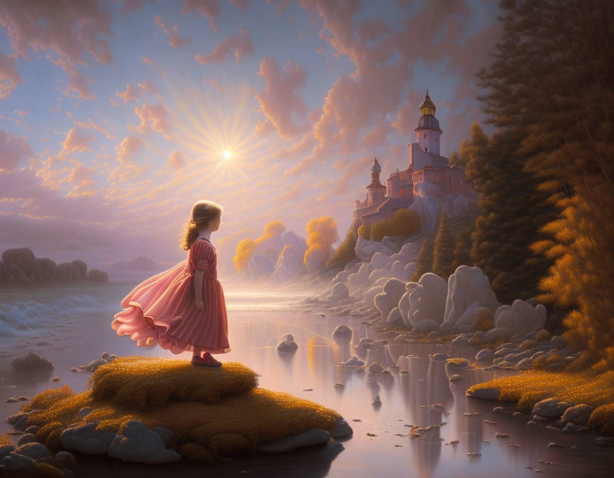 Young girl in pink dress by calm river and sunlit castle in dreamy landscape