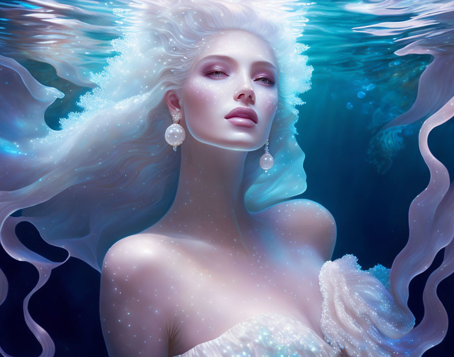 White-haired woman submerged in water with sparkling attire and reflections.