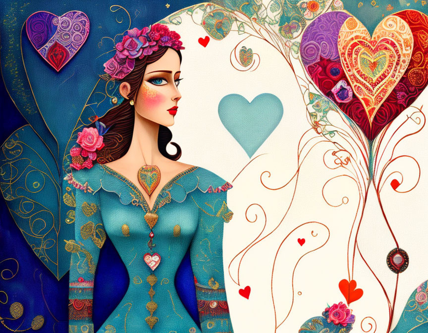 Stylized woman with floral headdress and blue dress in whimsical setting