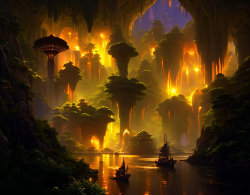 Enchanting forest with towering trees, glowing lights, tranquil river.