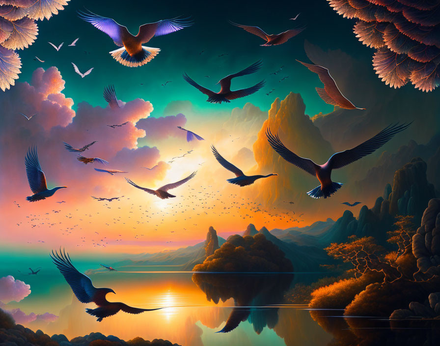 Colorful sunset over serene lake with birds and mountains