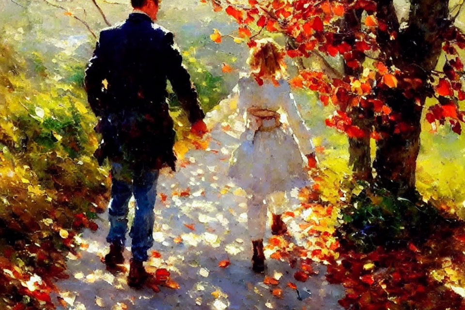 Couple walking in sunlit autumn forest with red and yellow leaves