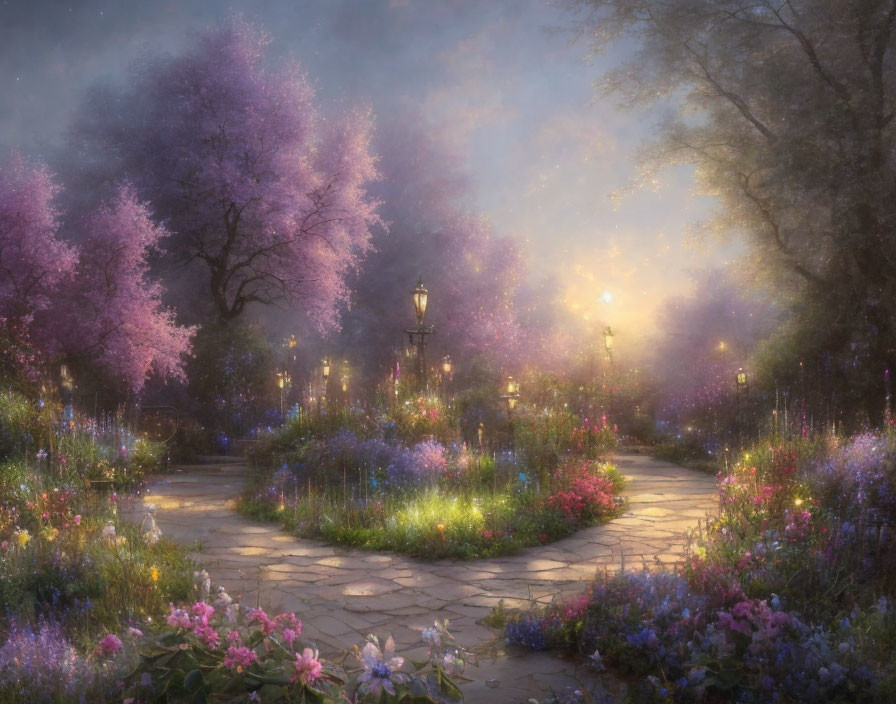 Tranquil garden pathway with blooming flowers and glowing streetlamp at dusk