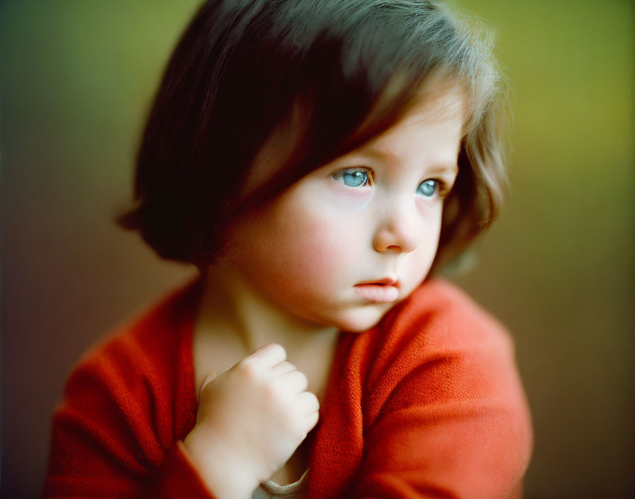 Child with Brown Hair in Red Sweater Looking Thoughtful