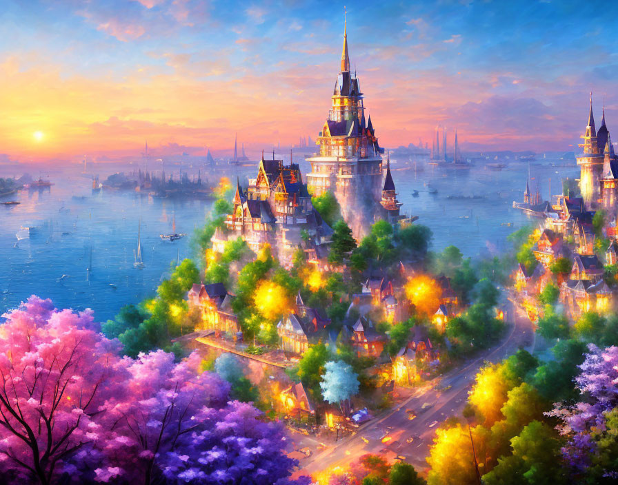 Colorful fantasy cityscape at sunset with illuminated buildings, blooming trees, and boats on water