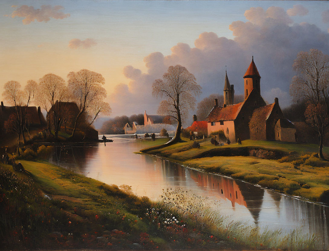 Tranquil landscape painting of river, houses, church, trees, and sunset