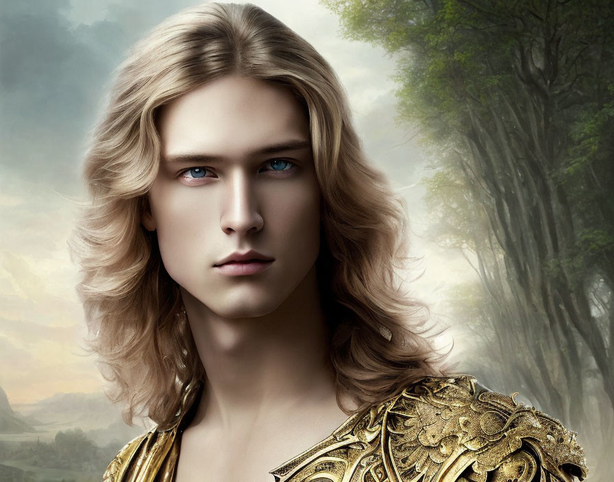 Digital portrait of person with long blond hair, blue eyes, golden armor, in mystical forest.