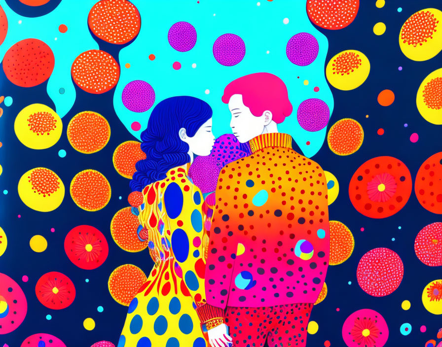 Stylized couple illustration on vibrant background with colorful circles.