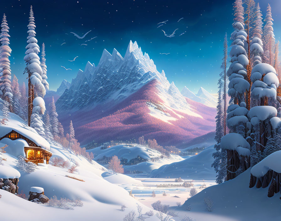 Snowy Winter Landscape with Cozy Cabin and Twilight Sky
