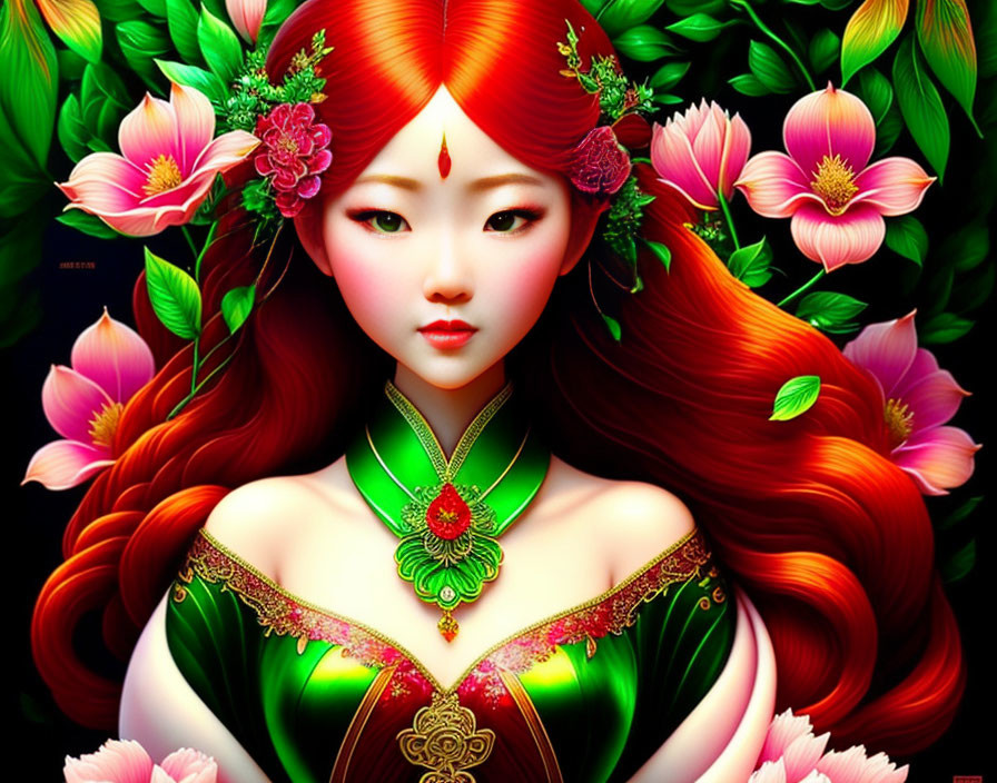 Illustrated portrait of a woman with red hair in green dress among pink flowers