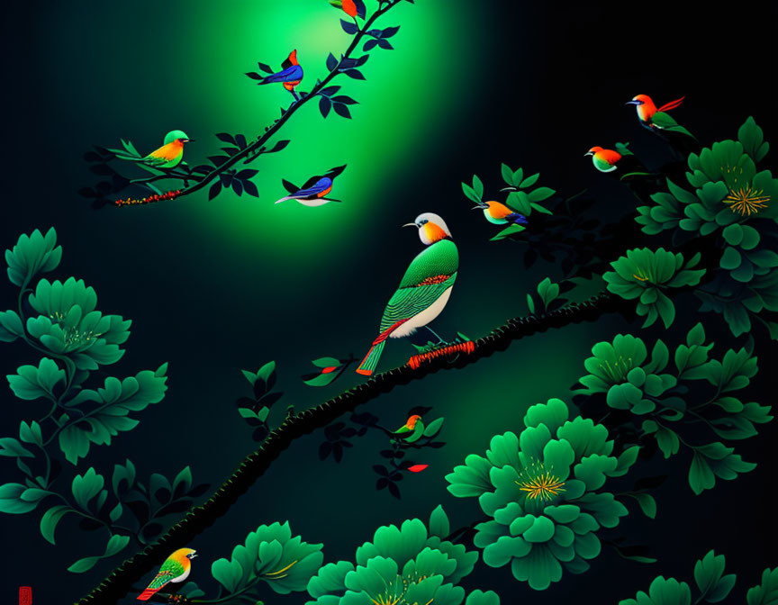 Vibrant birds on branches with green leaves on dark background