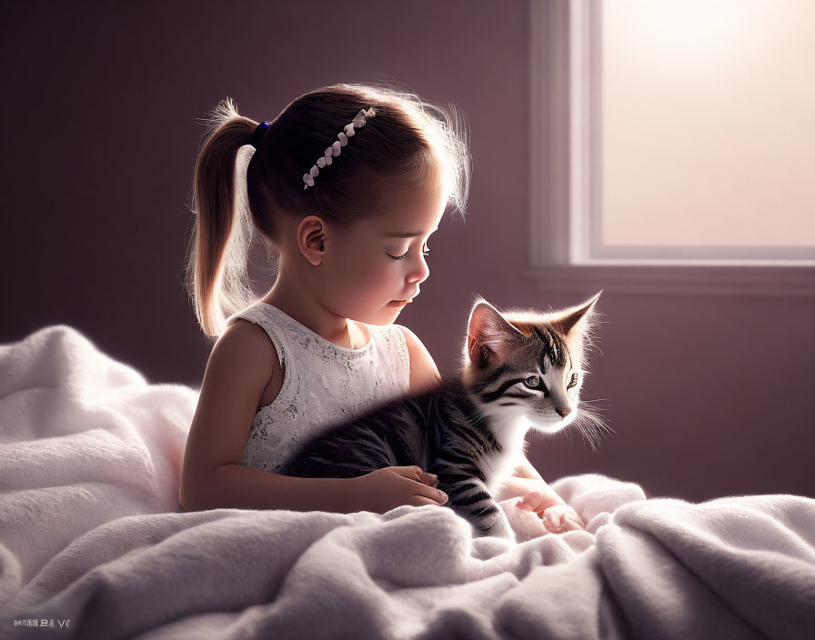 Young girl with tabby kitten in cozy sunlight scene