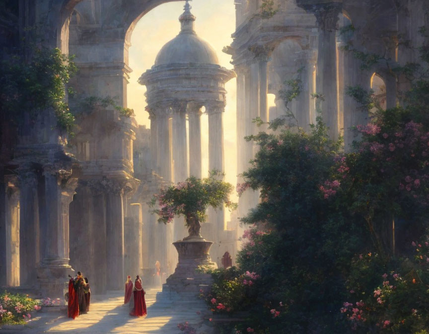 Ethereal painting: Figures in red cloaks in ancient ruins with greenery & pink flowers