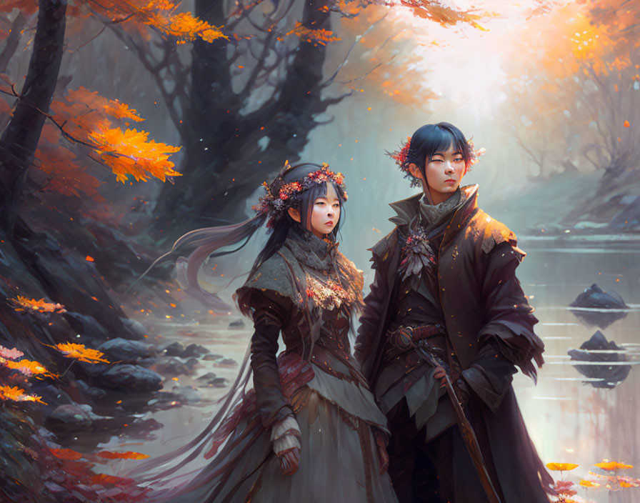 Male and female fantasy characters in elaborate medieval attire in autumnal forest with stream and falling leaves.