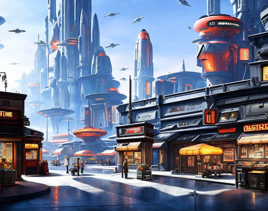 Futuristic cityscape with skyscrapers, flying vehicles, and colorful shops