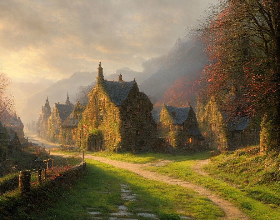 Serene village scene: stone cottages, warm lights, lush trees, golden sunset