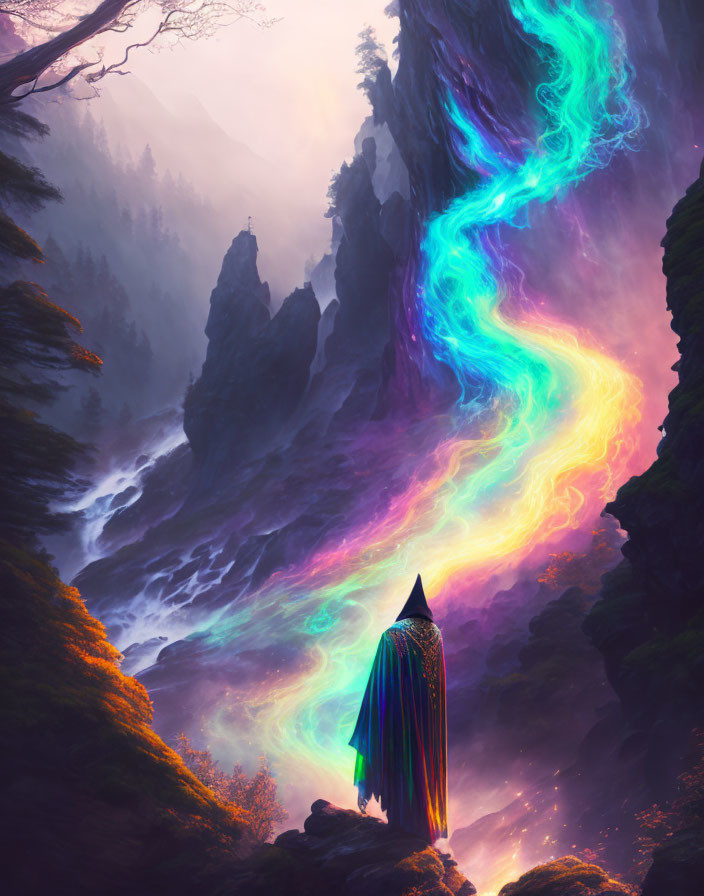 Mystical cloaked figure by colorful stream in misty forest cliffs