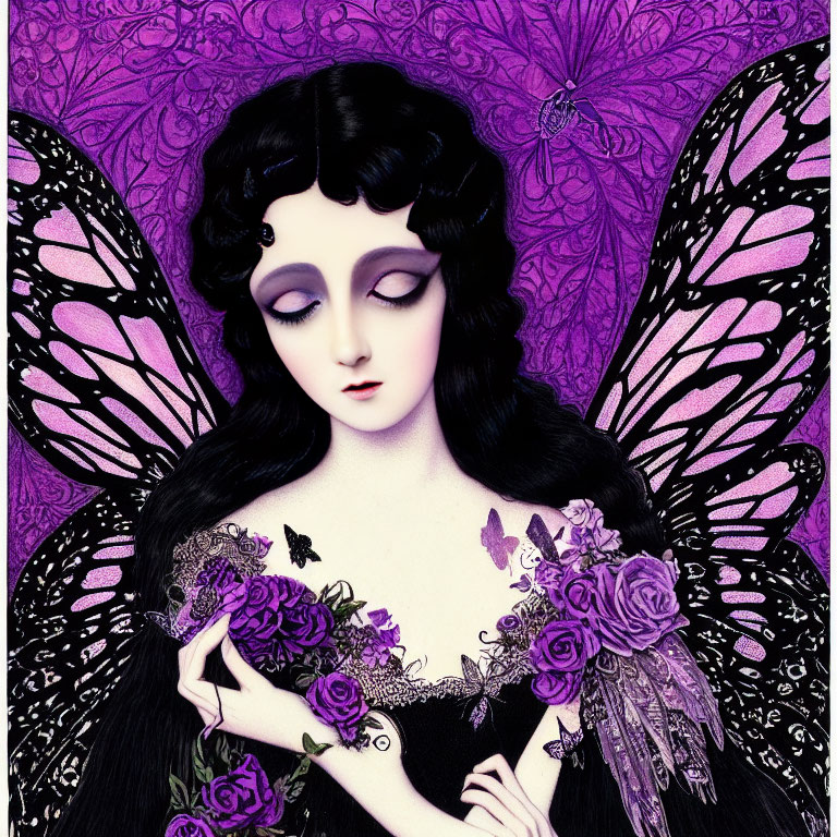 Stylized fairy illustration with dark hair and butterfly wings