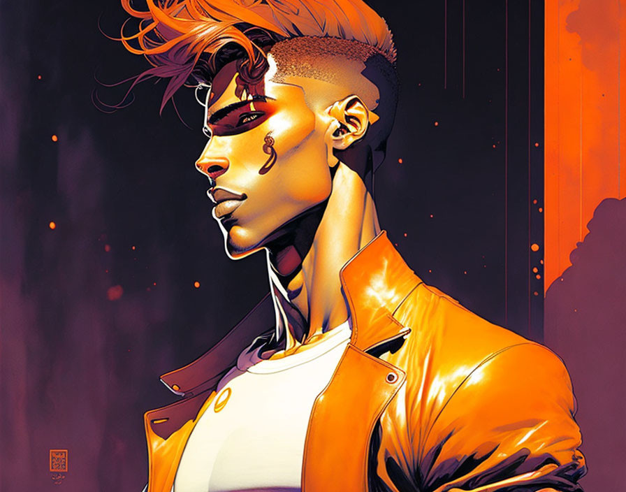 Colorful illustration of a person with orange jacket and mohawk.