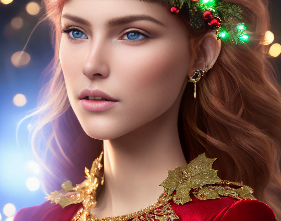 Digital artwork: Woman with blue eyes in festive attire on bokeh light background