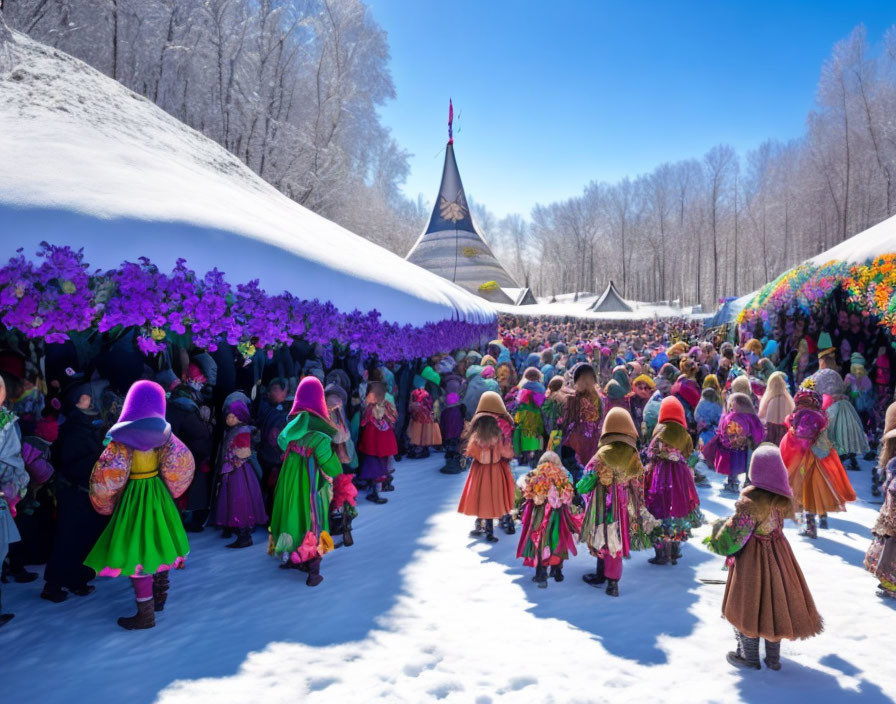 Colorful Outdoor Festival Amid Snow and Bright Flowers