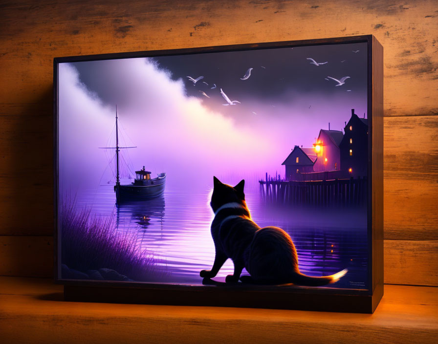 Cat observing boat scene on TV screen at twilight