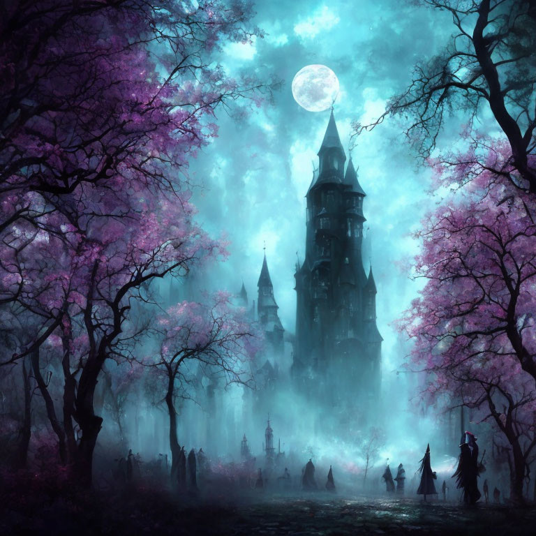 Enchanted forest castle under full moon and pink blossoms