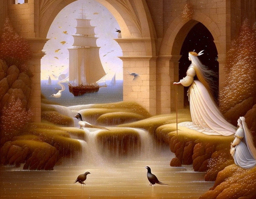 Fantasy artwork: Robed figure near golden waterfalls with birds, ship, lighthouse