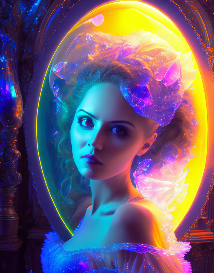 Glowing woman with halo and crystals in neon lights against baroque backdrop