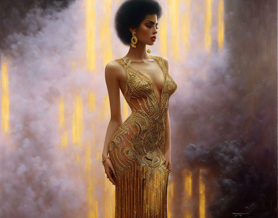 Glamorous woman in gold dress on misty background