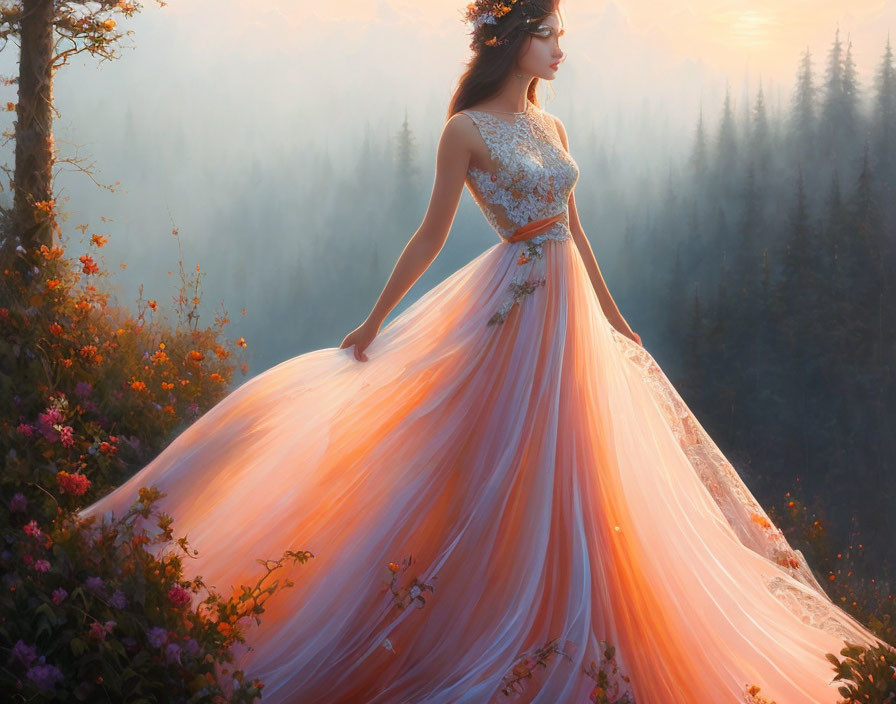 Woman in Peach Gown Surrounded by Wildflowers and Forest Landscape