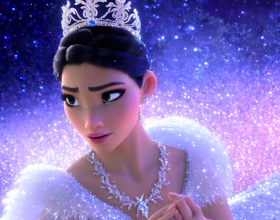 Female character in tiara and white gown on cosmic background.