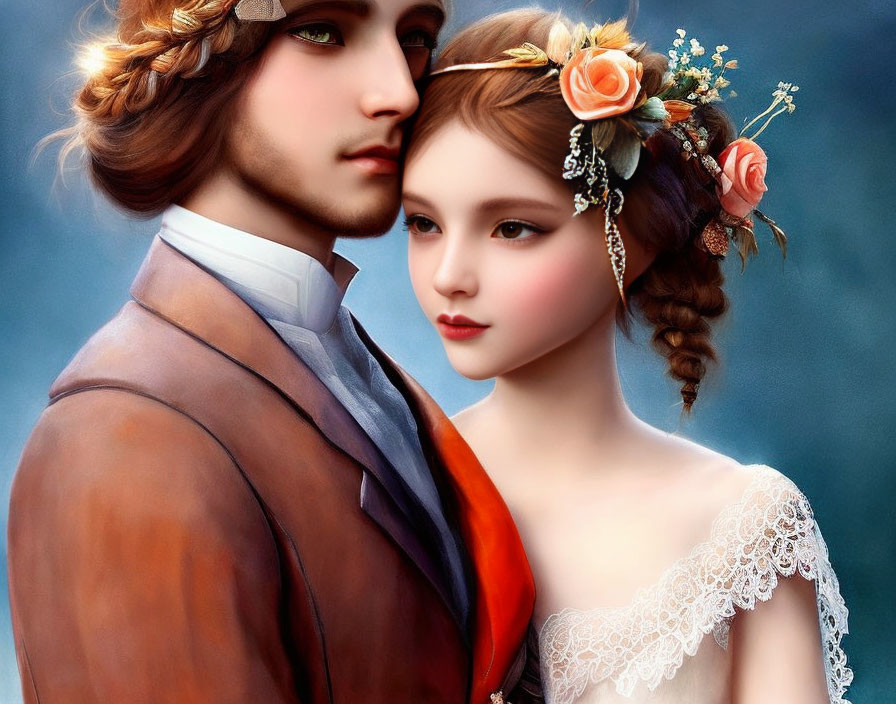 Vintage Attire Couple Portrait with Flower Adornments