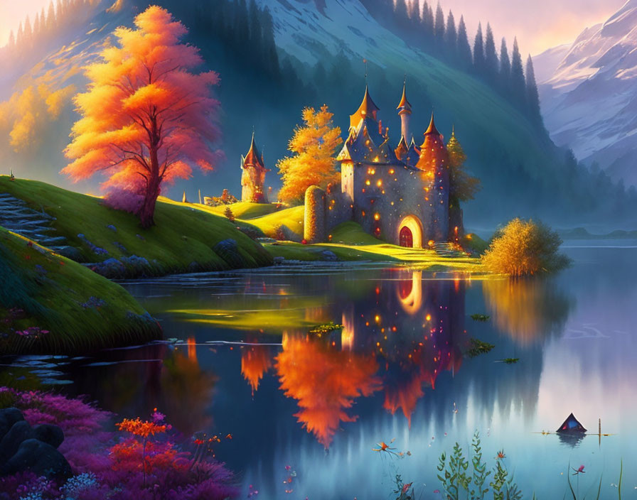 Autumnal fairy tale castle by serene lake at sunset