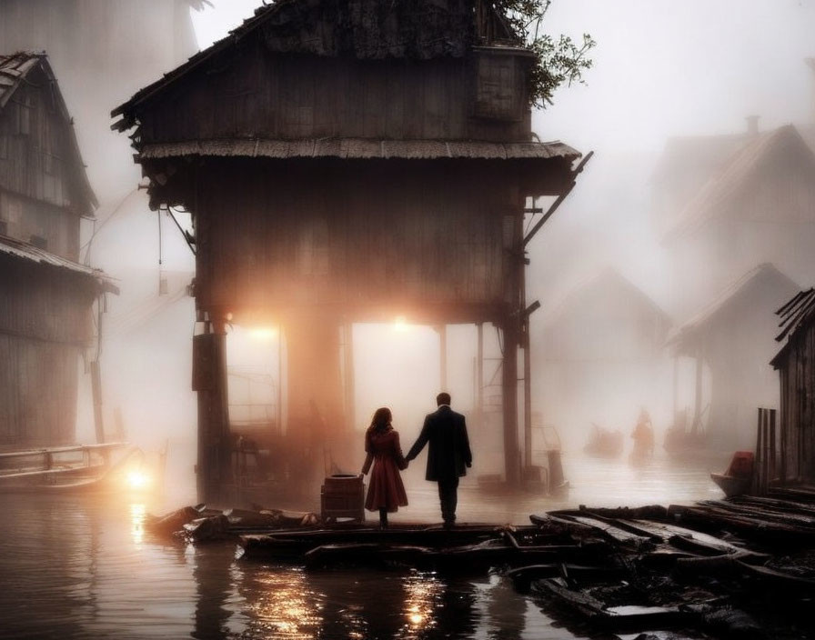 Couple holding hands on foggy pier with silhouettes.