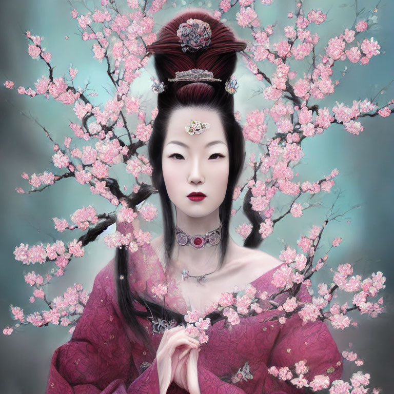 Traditional East Asian Attire with Cherry Blossoms and Serene Expression