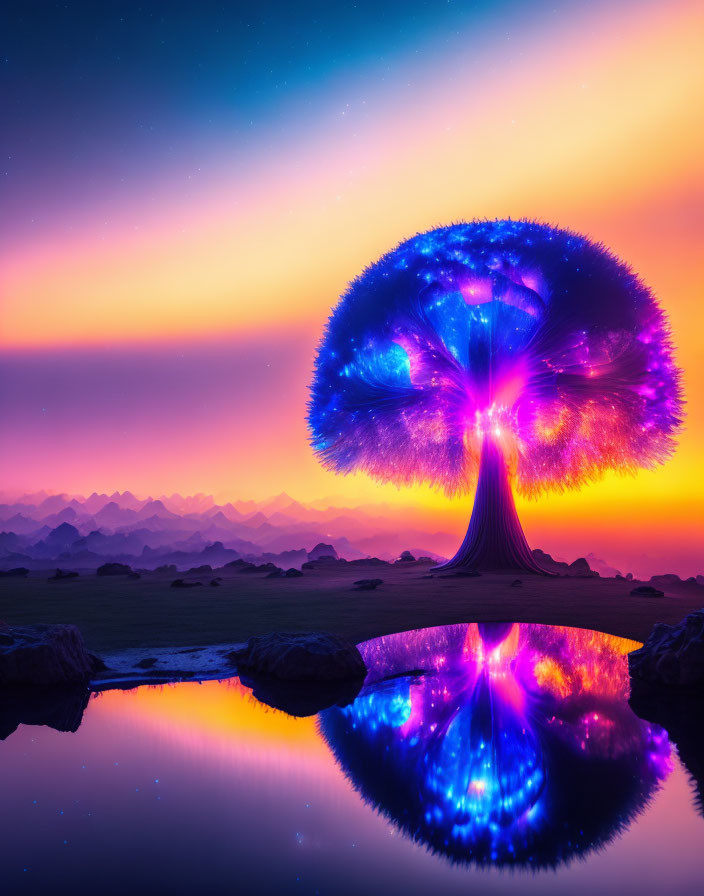 Surreal glowing tree with purple and blue canopy at sunset