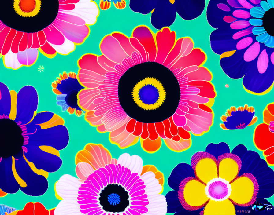 Colorful Stylized Flowers Artwork on Blue-Green Background