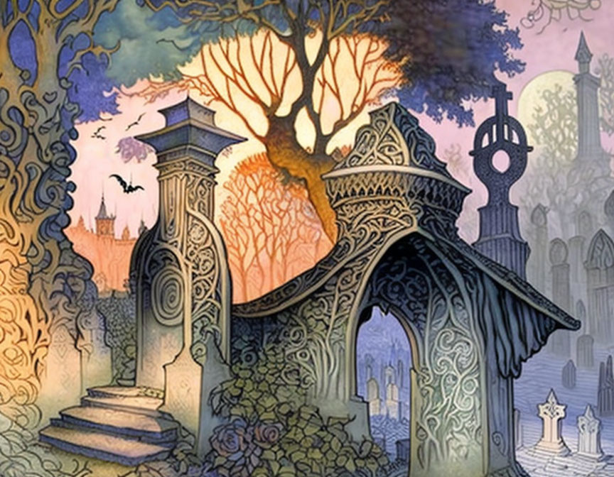 Colorful Gothic Cemetery Scene with Ornate Graves, Crypt, Sunset, and Trees