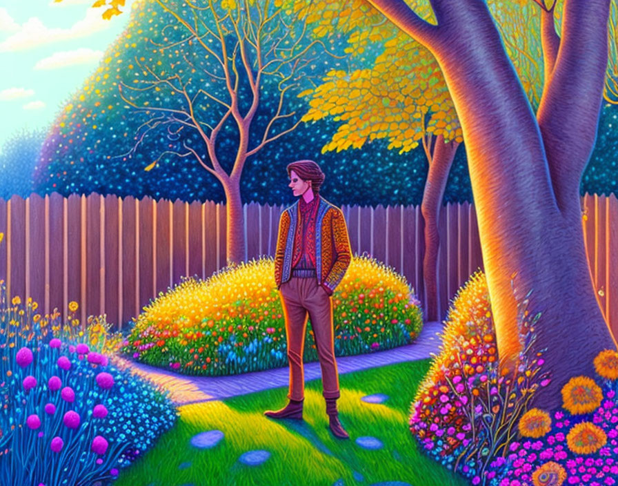 Person in Garden Path Surrounded by Flowers and Trees at Twilight